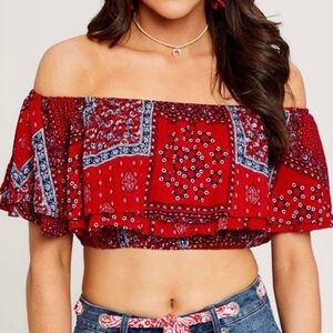 NWOT Altar’d State Bandana Y2K Crop Top Cap Sleeve XS Summer Vacation Pr…